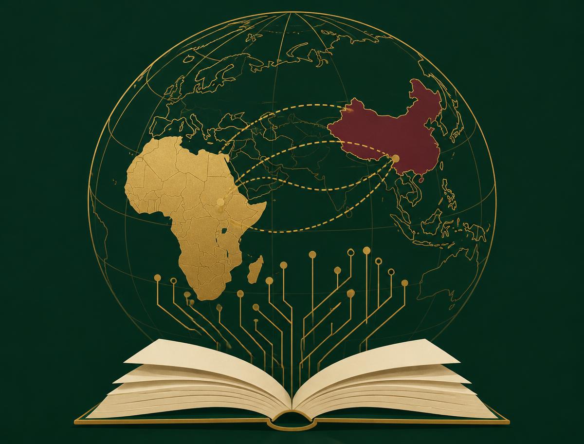 Golden globe with Africa and China linked by dashed routes rising from an open book